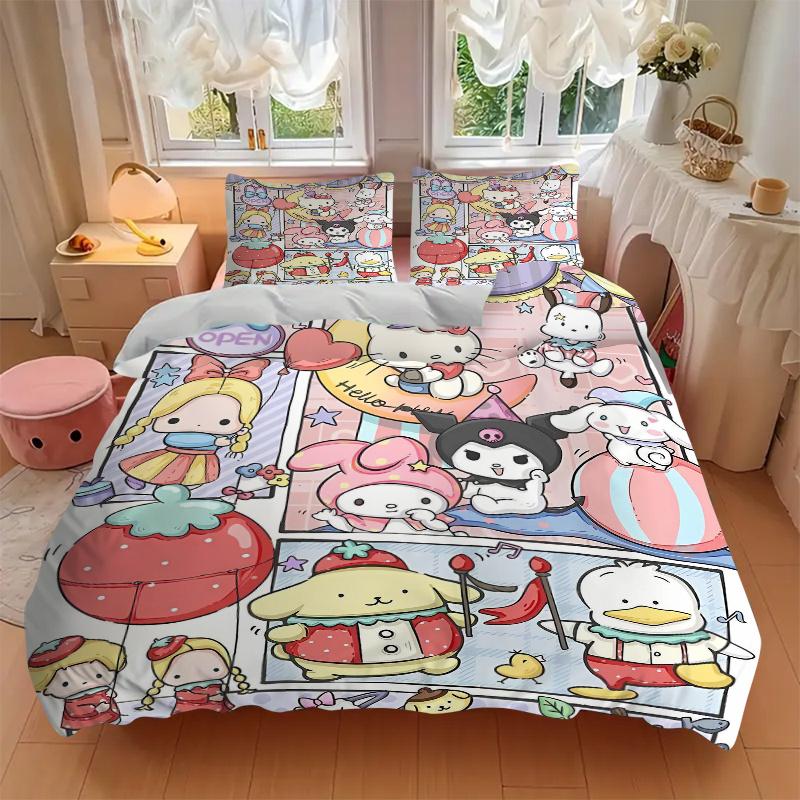 3pcs Carnival Celebration Hello Kitty and Friends Printed Bedding Set, Soft and Comfortable Quilt Cover for Bedroom, Guest Room (Not Included).S002