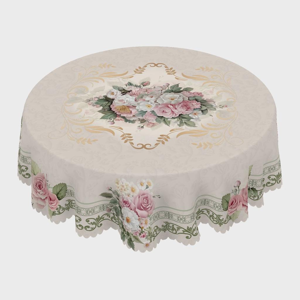 Elegant Romantic Floral Print Tablecloth in Vintage Beige Rose and Daisy Pattern, Round and Rectangular Options