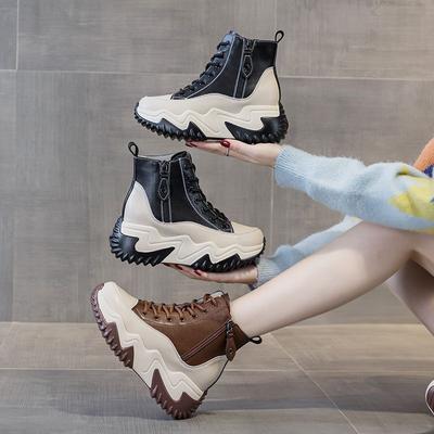 Genuine Leather Show High Women's Shoes Foreign-style Soft Sole Lightweigh Boots Niche Popular Shoes Within The Height Net Red Leather Sneakers