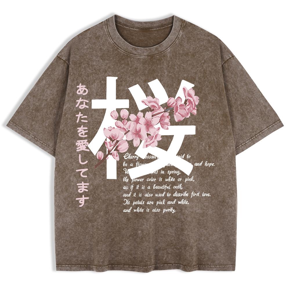 Japan Kirschblüten Aufdruck Gewaschene T-Shirts Herren Baumwolle Kurzarm Oberteile Sommer Rundhals Oversize T-Shirts Basic Kleidung