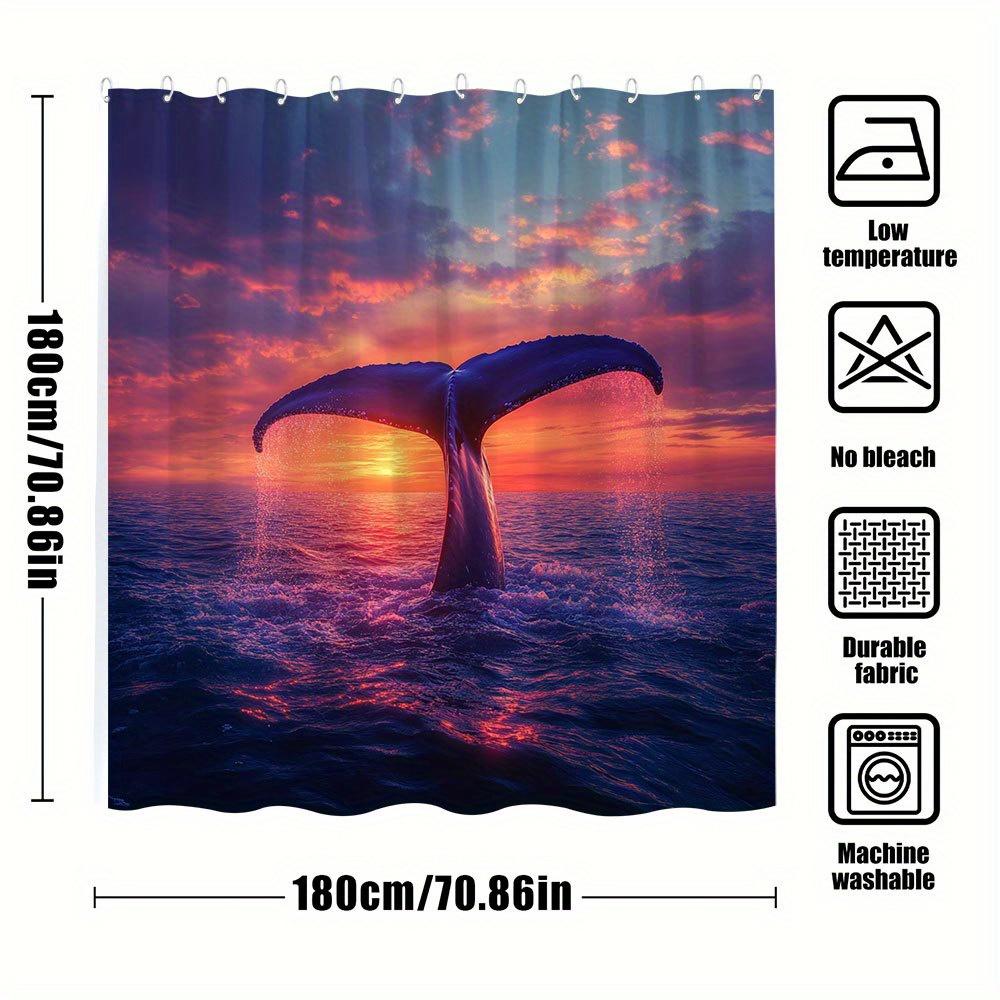 1pc Sunset Whale Tail Bathtub Curtain - Ethereal Ocean Art with Majestic Marine Mammal, Radiant Pink Orange Purple Sky