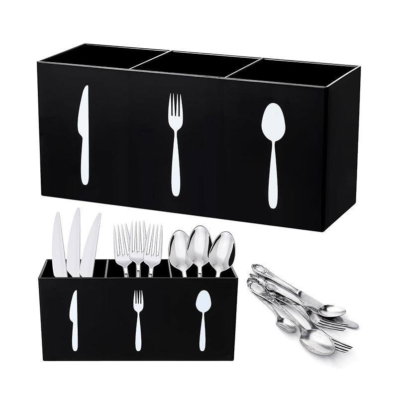 Cross-border Dropshipping Silverware Dispenser: 3-Compartment Black & White Holder for Knives, Forks, and Spoons