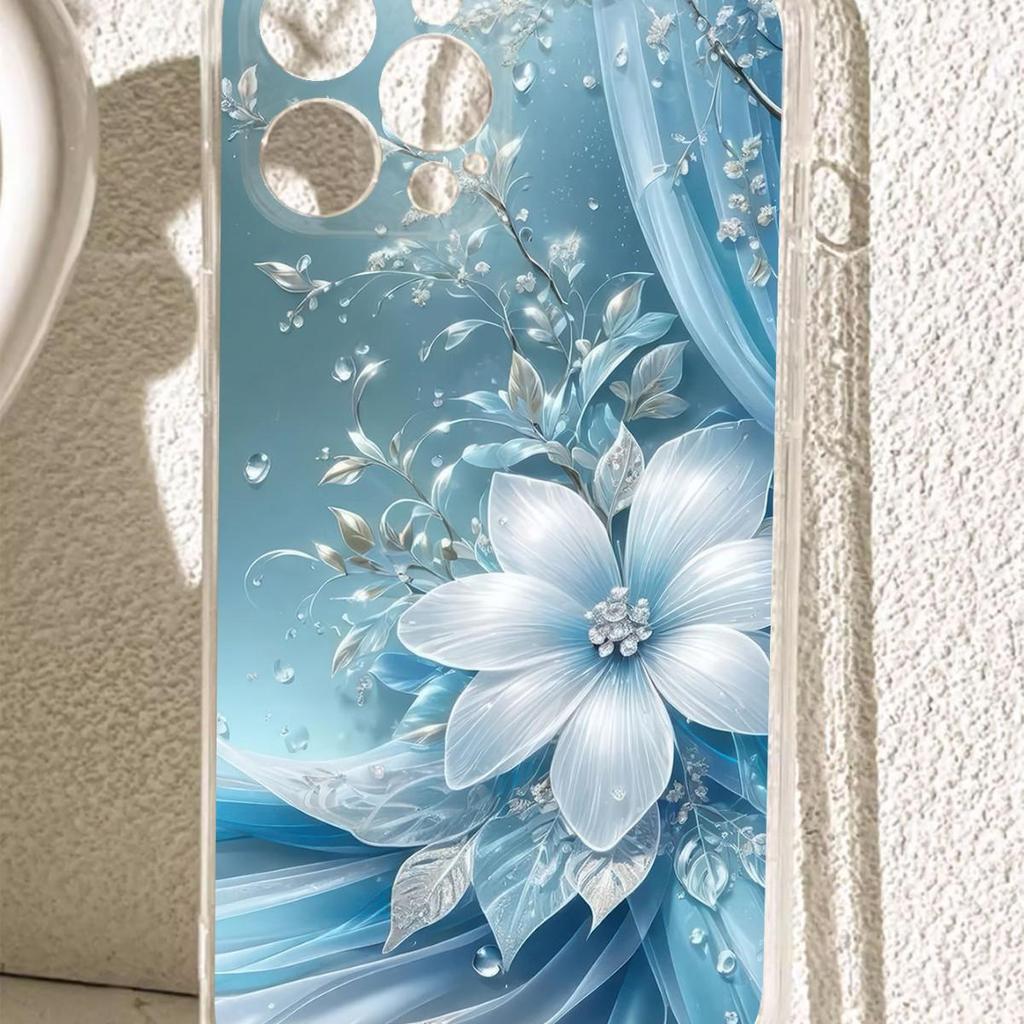 Przezroczyste etui z niebieskim kryształowym kwiatem, odporne na upadki, dla serii iPhone 14/15/16/17 Pro Max