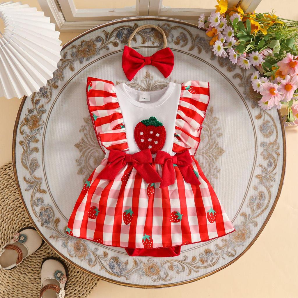 Vestito Estivo in Rete per Bambina con Spalline Arricciate e Fantasia di Fragole e Angurie Color Caramella, Include Gonna e Elastico per Capelli