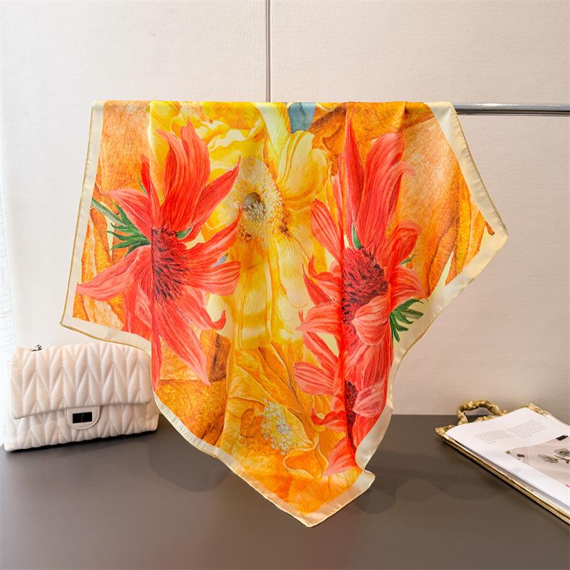 New Floral Print Square Silk Scarf For Women Headscarves Summer Foulard Bandana Hijab Headscarf Neck Tie Soft Neckerchief