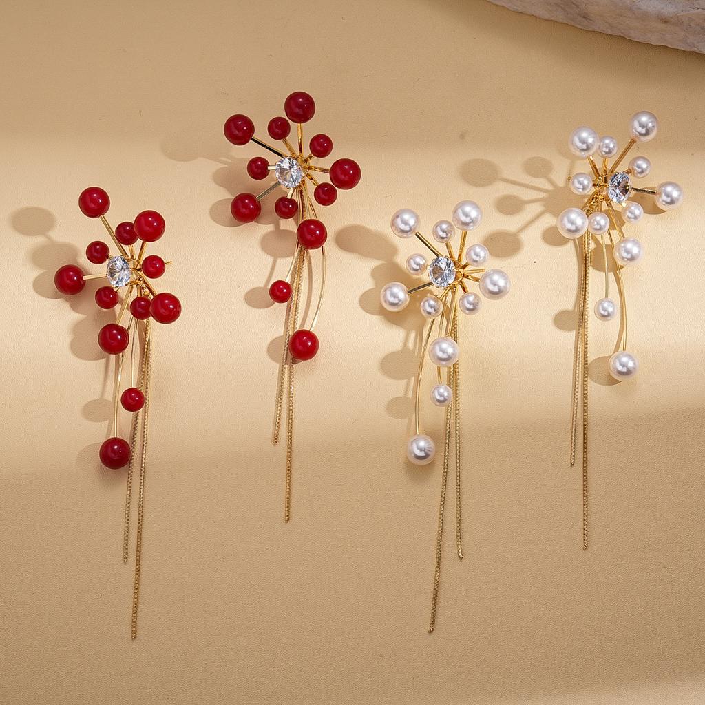 Zircon imitation pearl acrylic flower fringed silver needle earrings temperament earrings