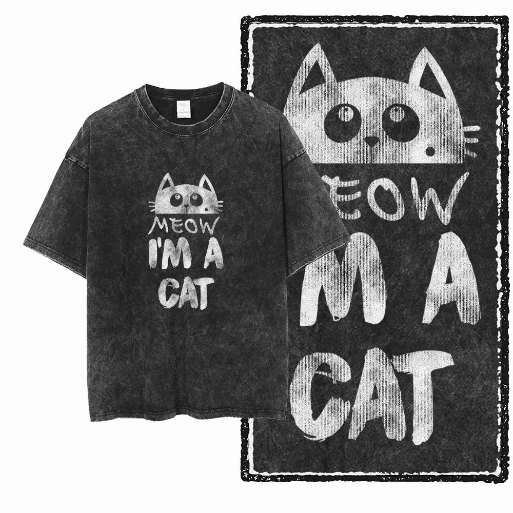 Cat Funny Meme Mens Y2K Graphic T Shirt Acid Wash Black Streetwear Tee 4