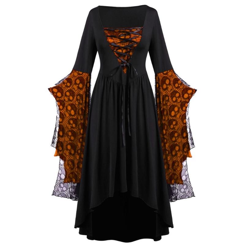 

Renaissances Costume for Women Gothic Lace Up Long Dress Medieval Dress with Trumpet Sleeves Witch Vampires Dress Gift S оранжевый/чёрный