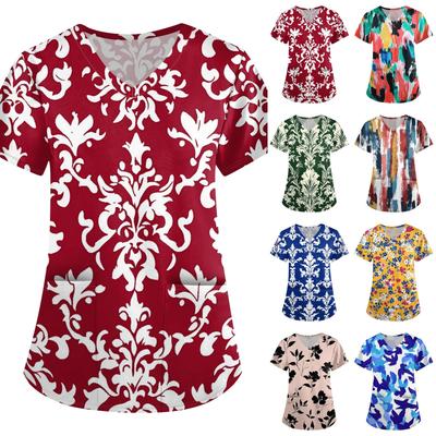 Women's Printed Loose Fit V Neck Short Sleeve Medical Scrub Top with Pockets Comfortable Workwear for Healthcare Professionals