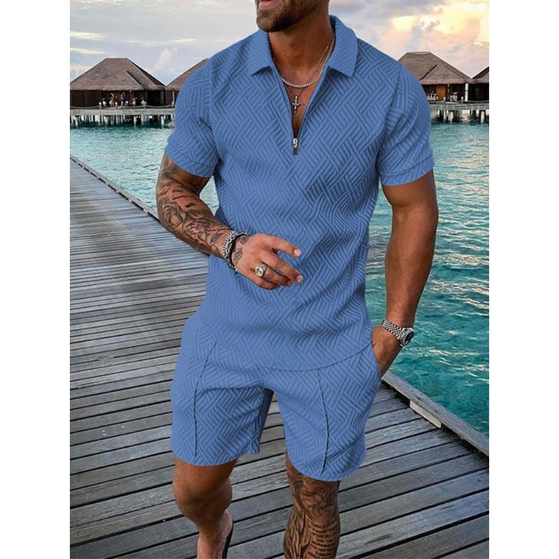 Men Casual Printed Turn Down Collar Short Sleeve Polo Shirt And Shorts Set