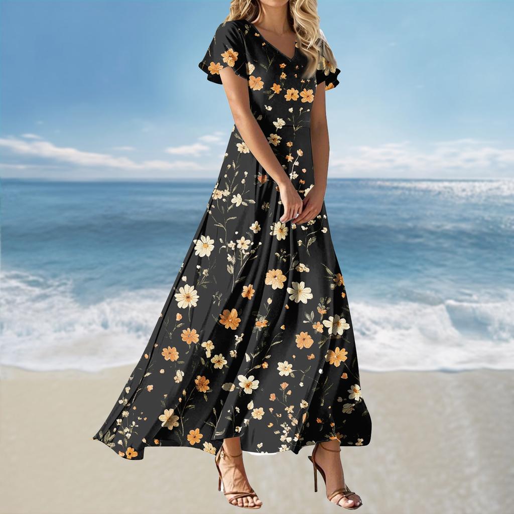 Vestido Feminino Casual Soltinho de Manga Curta com Decote V e Cintura Alta Estampado