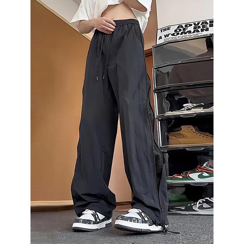 Men s Light Gray Mesh Side Panel Wide Leg Pants Casual Streetwear Cargo Trousers M чёрный