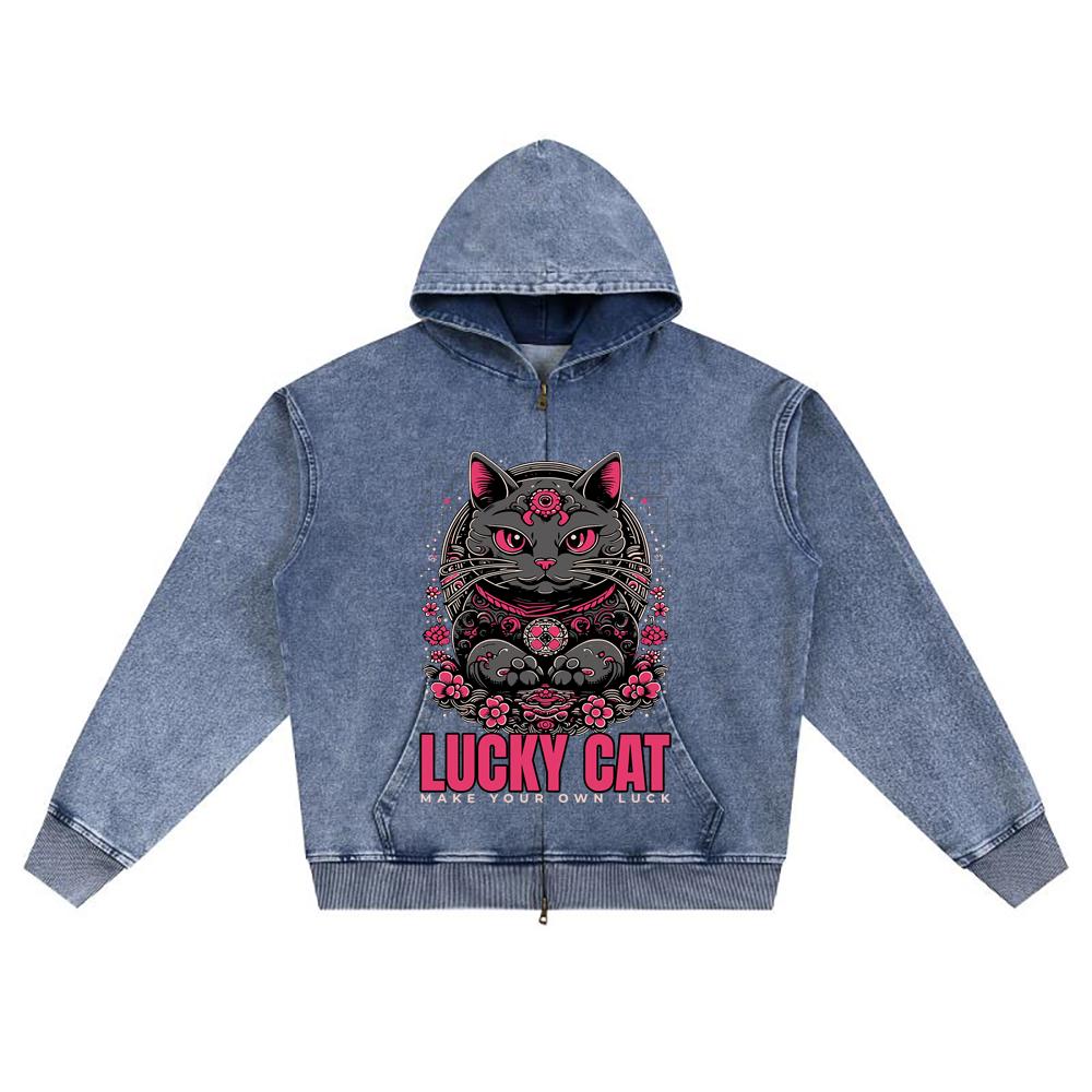 DTG print Knitted Denim Zip-Up Hoodie Lucky Cat Brother Print Zipper Hoodies  