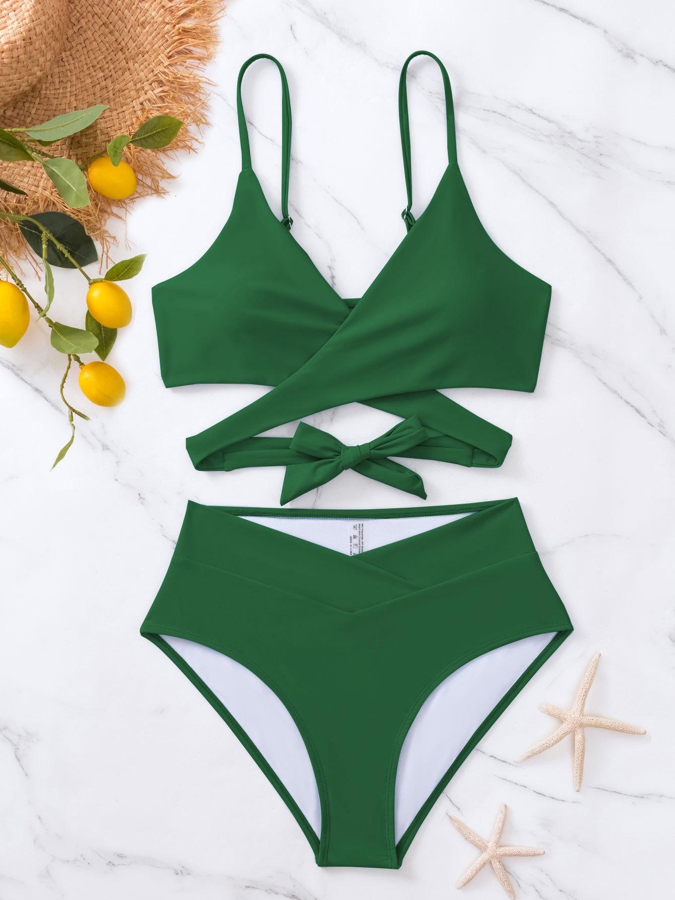 

Women’s Solid Color Bathing Suit Sexy Tie-Up High-Waist Bikini Swimsuit, Two-Piece Swimwear XL зелений