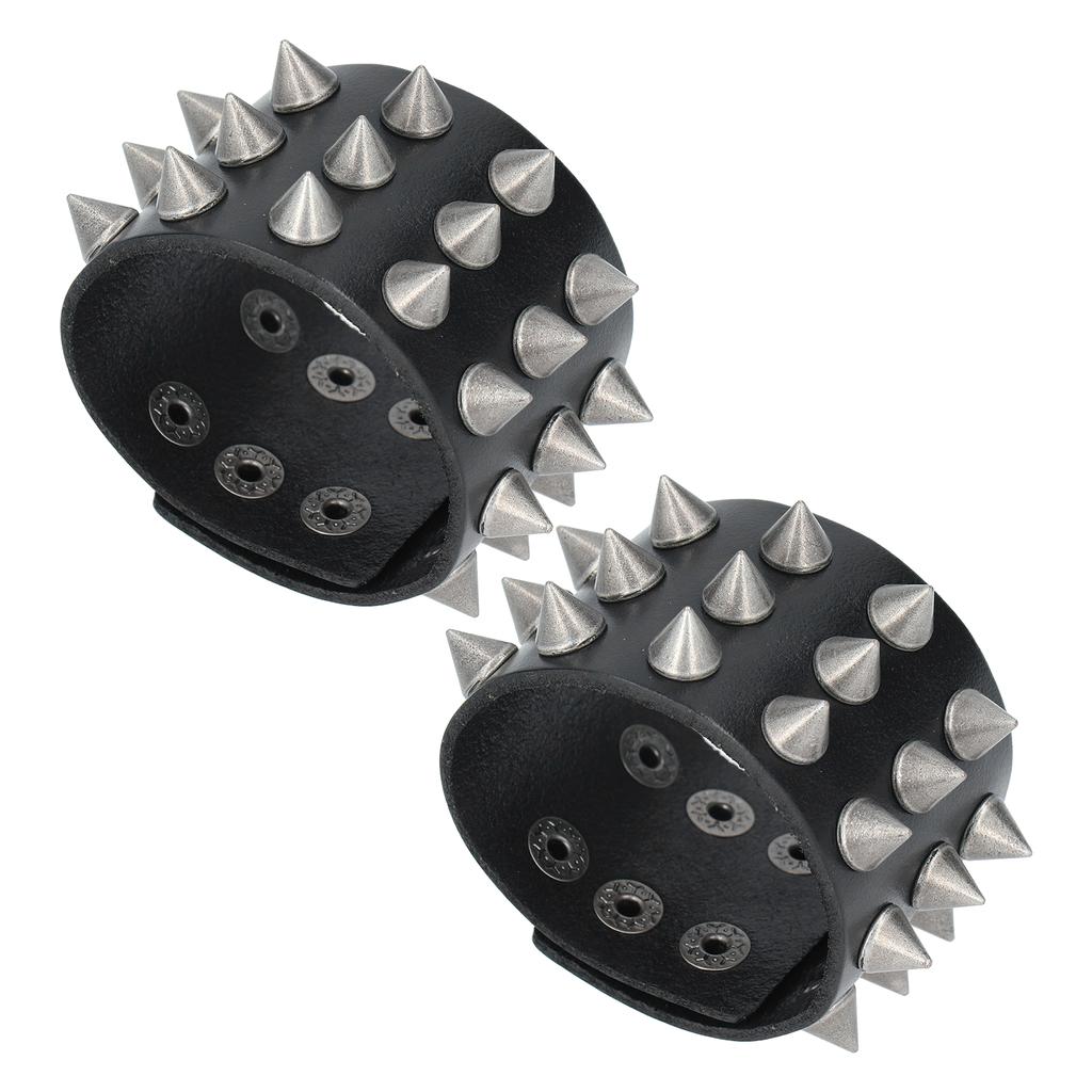 2Pcs Punk Wristband Vintage Wide Faux Leather with Spikes Decoration Retro Bracelets