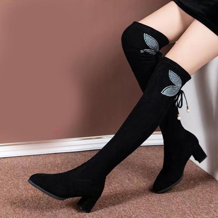 Comemore Women Embroidered Long Boots Autumn High Heel Shoes Pointed Toe Woman Long Ladies Over-the-knee Elastic Knight Boots
