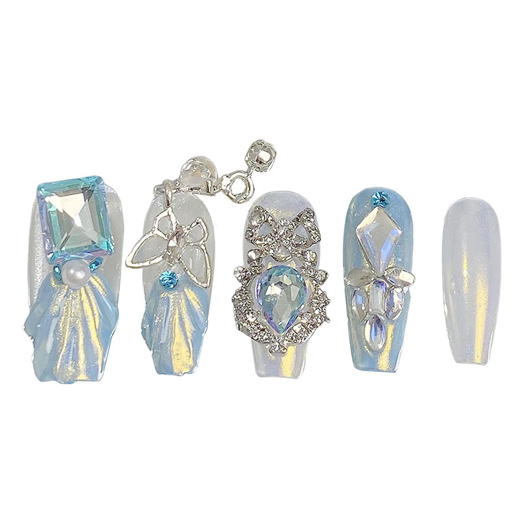 Blue White Fake Nails with Rhinestone Sweet & Charming Reusable False Nails for Manicure Lovers and Beauty Bloggers
