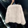 Women's Pink Faux Fur Cropped Jacket Knit Panel Button-Down Winter Coat