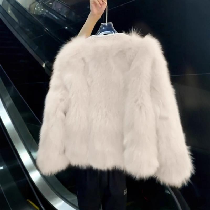 Women's Pink Faux Fur Cropped Jacket Knit Panel Button-Down Winter Coat