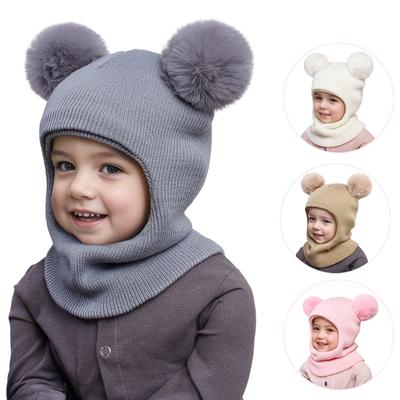 Pompom Bebê Chapéu de Inverno Cachecol Uma Peça Crianças Malha Gorro Quente Orelhas Pescoço Crianças Boné Infantil Capuz para Meninas Meninos 1-5A