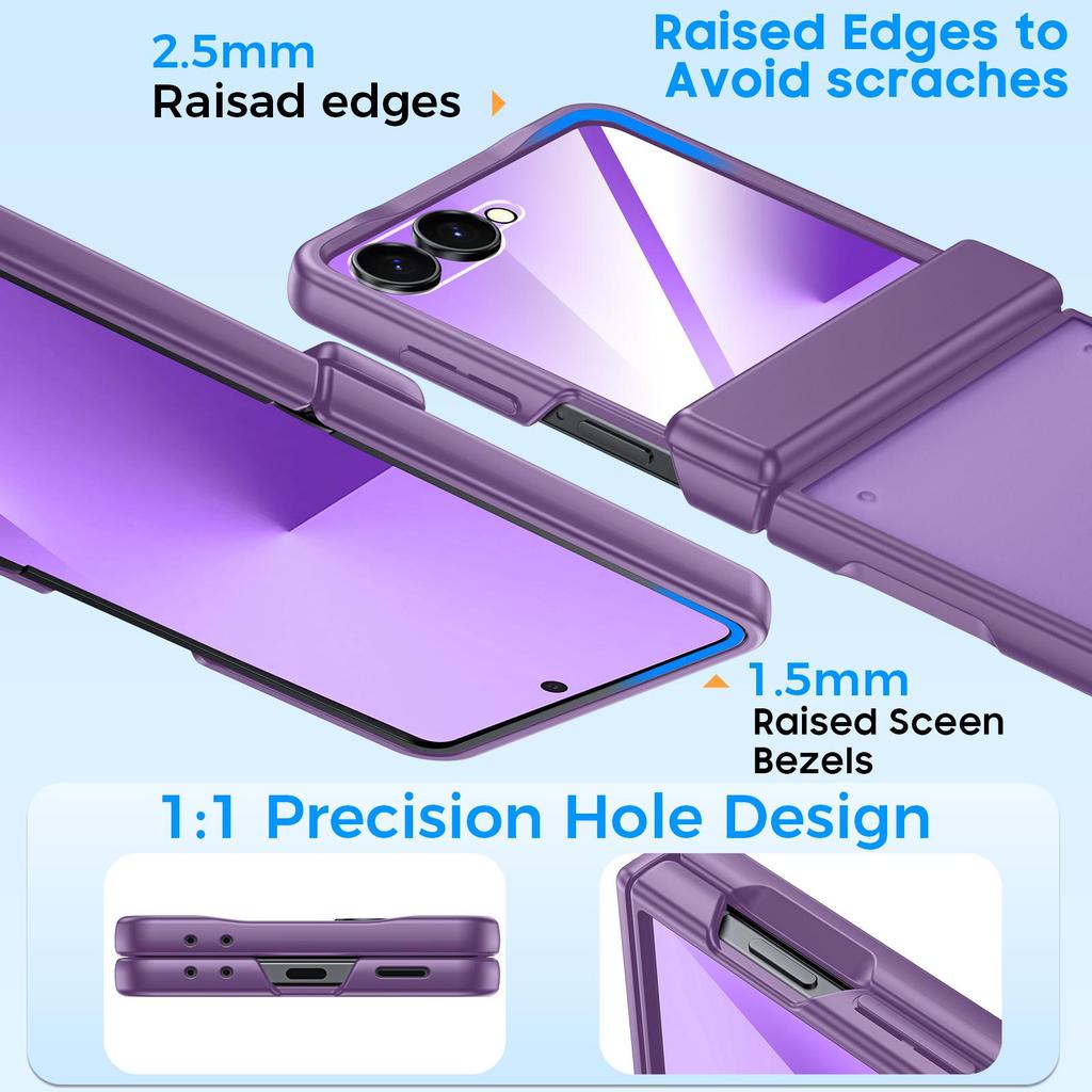 Translucent Matte Protective Case with Tempered Glass Screen Protector for Samsung Galaxy Z Flip 7, Hinge Protection Slim Cover-Purple