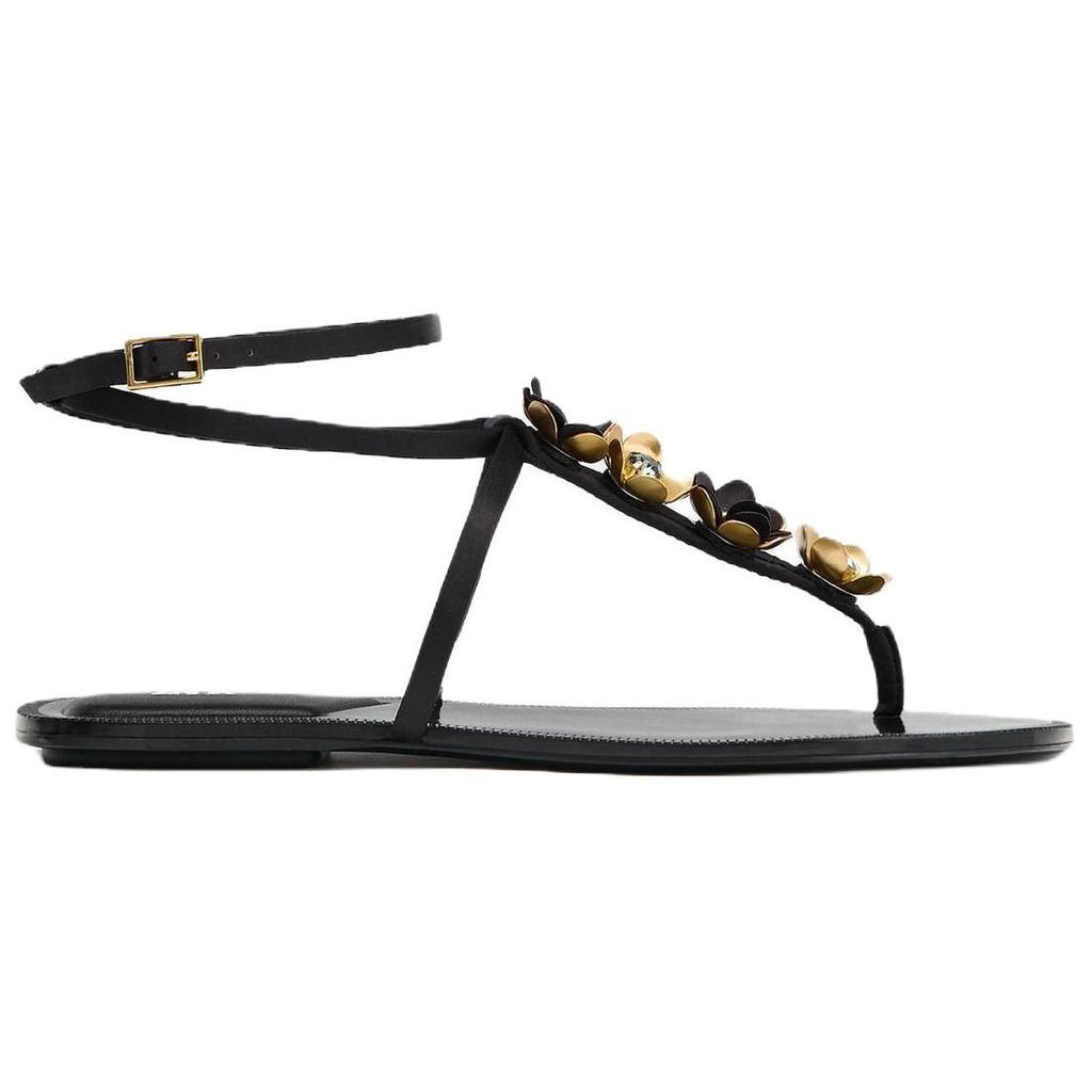 Zara Floral Embellished Toe Post Ankle Strap Flat Sandals Black Gold Women 13608510800
