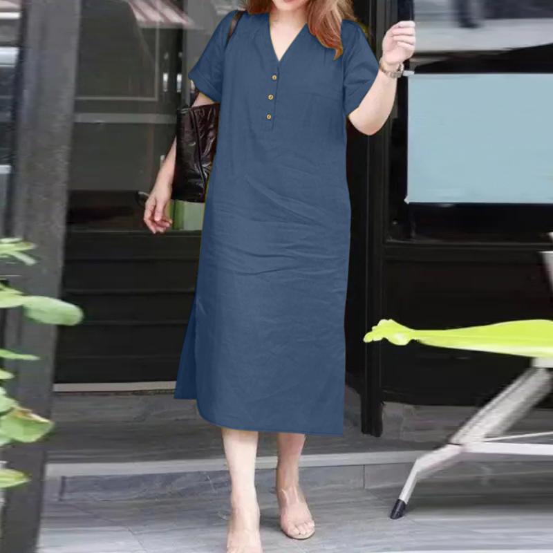 

ZANZEA Женское повседневное однотонное свободное платье с v-образным вырезом и коротким рукавом S синий