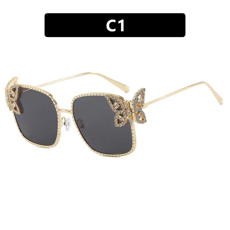 Square Large Frame Sunglasses with Butterfly Design Luxurious Diamond Inlay Exquisite Metal Frame Sunglasses Punk Women Shades