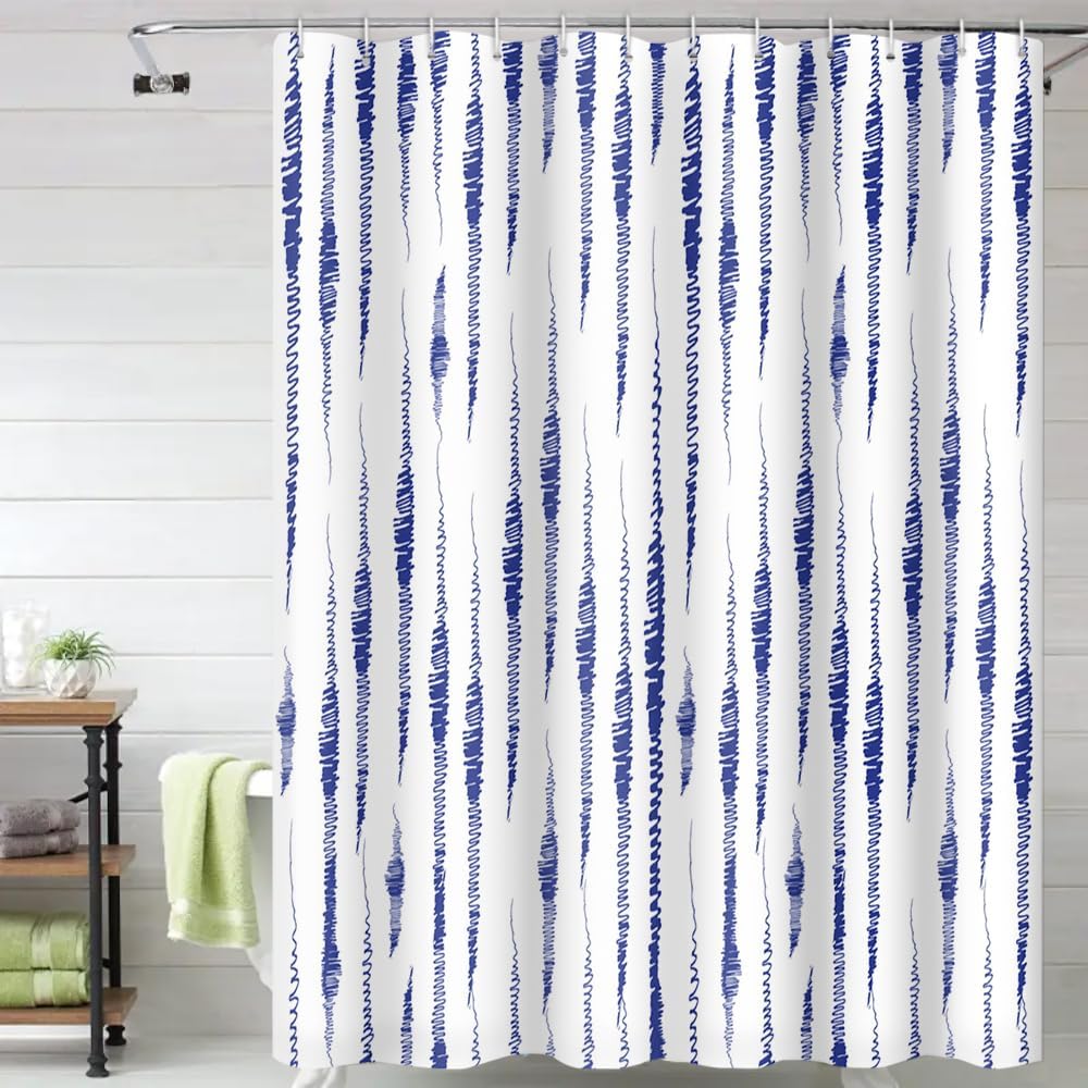 Striped Fabric Bathroom Shower Curtain-Modern Simple Polyester Waterproof Blue Grey Abstract Line Pattern With Hook