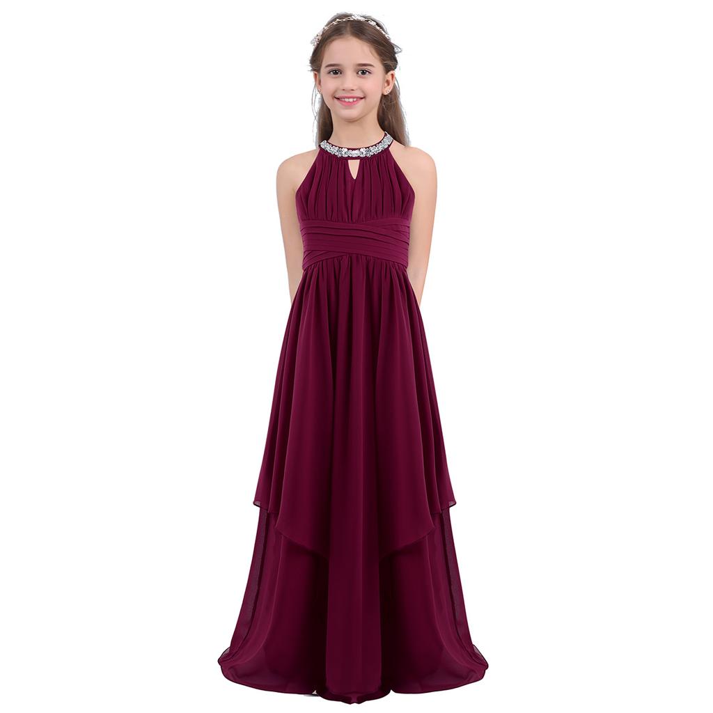 Kids Girls Sequined Neckline Chiffon Girls Flower Dress Junior Wedding Dance Party Graduation Gowns