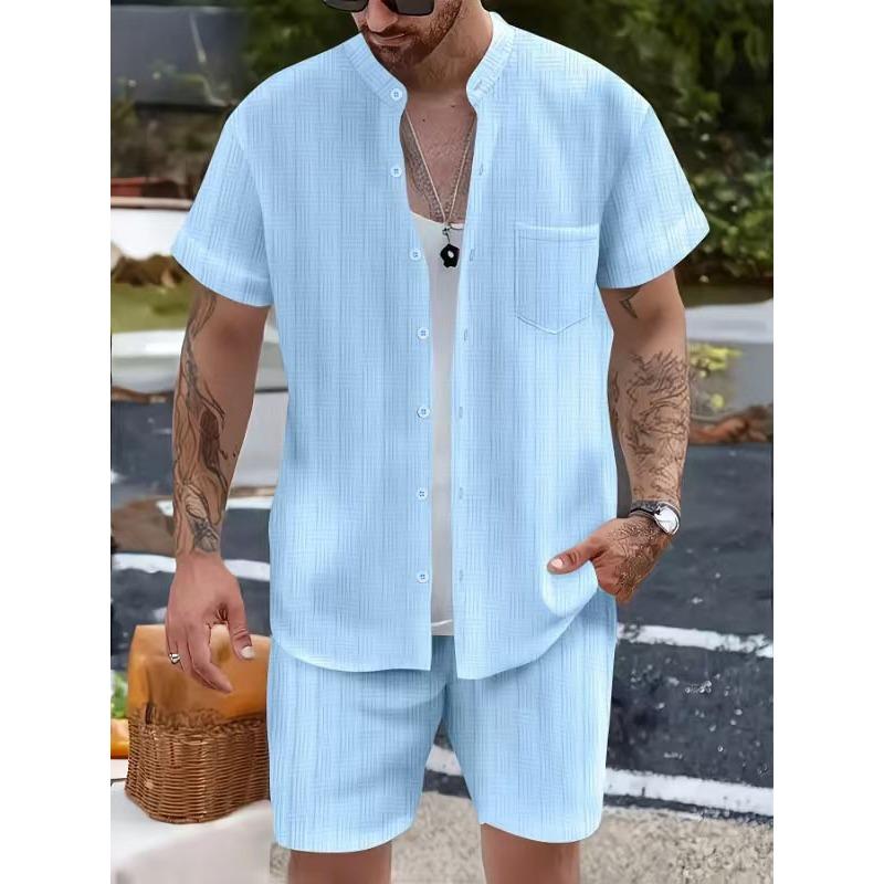Men Casual Summer Short Sleeve Shirt And Shorts Henley Neck Pocket Beach Clothing Set