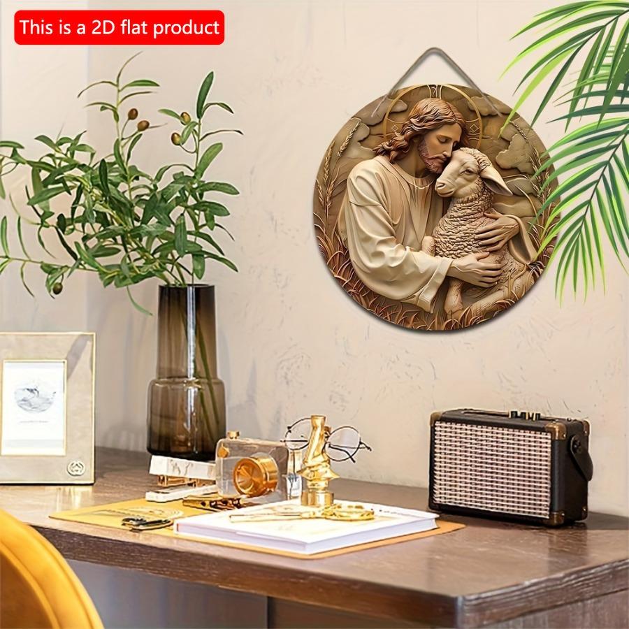 1ks 2D Plochý Kulatý Dřevěný Znamení Věnec Ježíš a Ovce - 20cm Klasická Nástěnná Dekorace, Slavnostní Vánoční Dárek, Víceúčelová Domácí a Pokojová Dekorace, Ne
