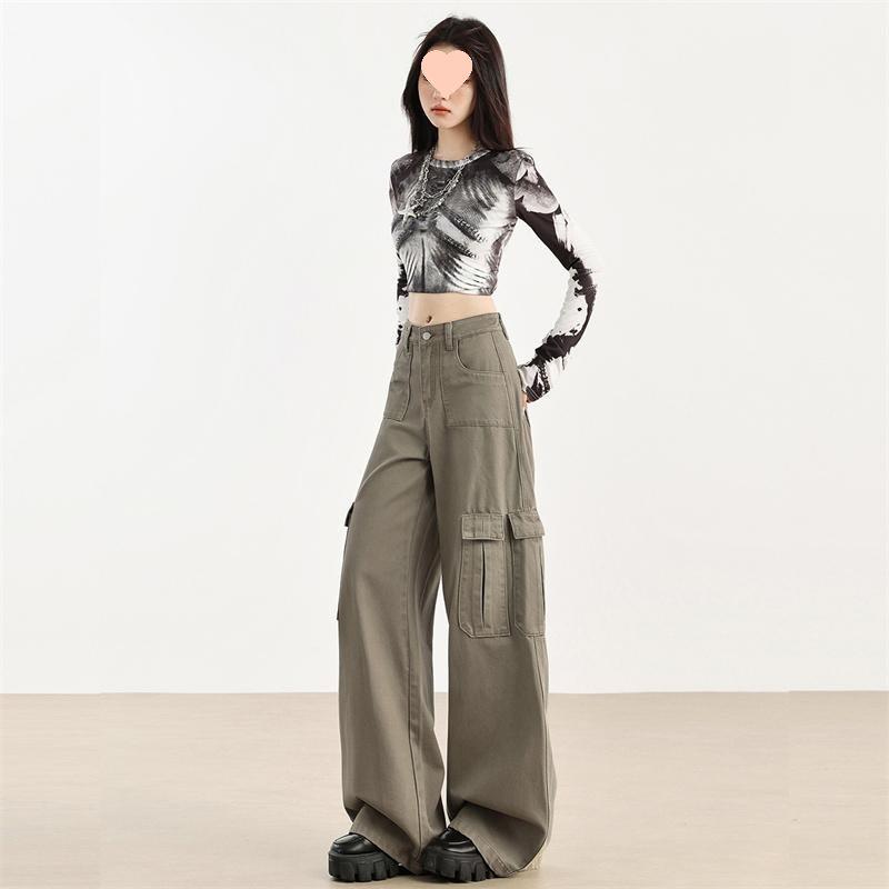 Women's Brown Velvet Wide-Leg Cargo Pants with Multi-Pockets - Spring 2025 Hiking & Casual Wear