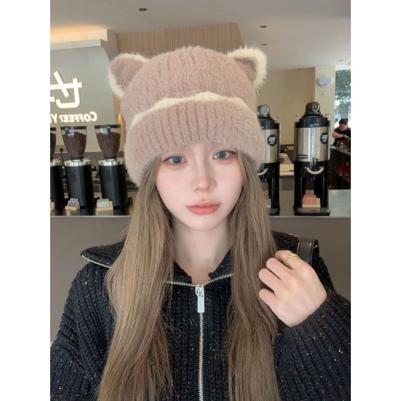 Knitted Plush Hat Women's Autumn and Winter Furry Thickened Warm Fisherman Hat Cute Face Showing Small Wool Hat New Style