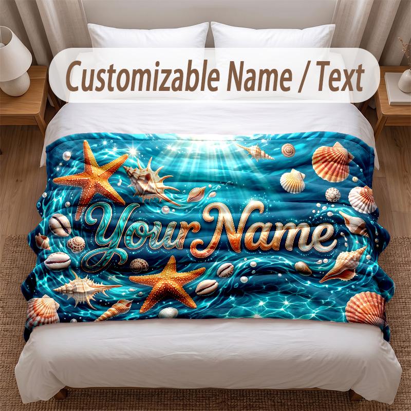 Fish Ocean Theme Soft Blanket Personalized Custom Name Text Print Warm Blanket Home Sofa Bedroom Decor