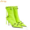 Fashion Women New Rivet Fringe Boots Metal Zipper Motorcycle Boots Belt Buckle Pointed Toe Knee High Shoes Aged-silver Studs Boots
