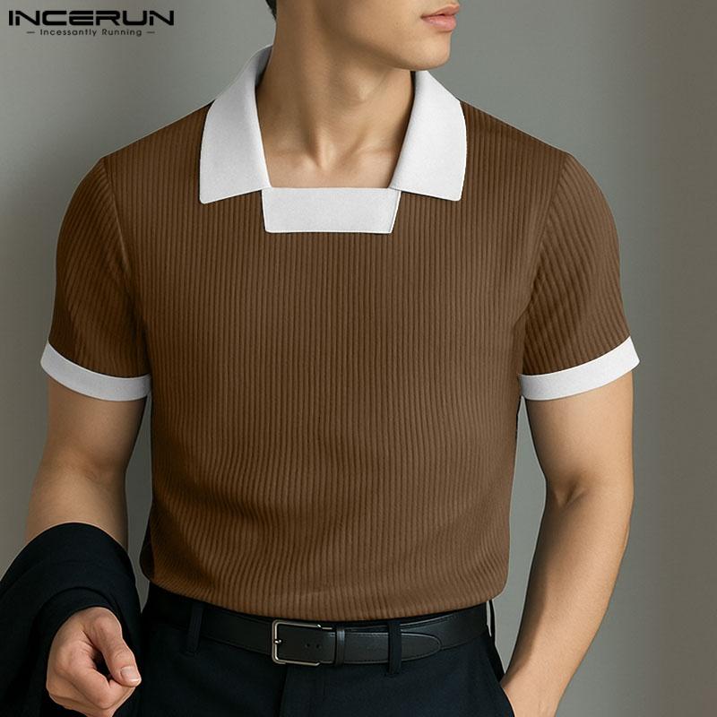 INCERUN Men Lapel Square Collar Short Sleeve Stitching Color Casual Fitted T-shirts