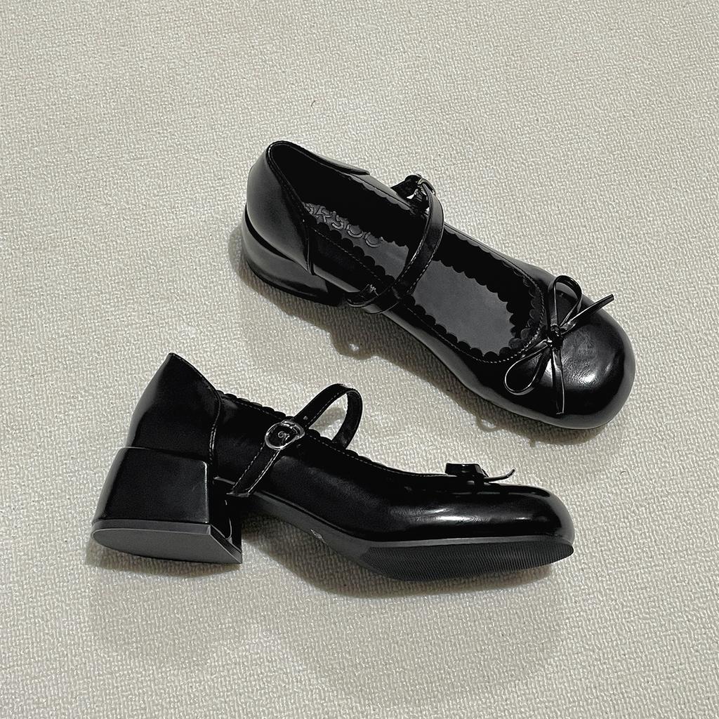 Black French retro thick heel heightening shallow mouth single shoes women's summer 2025 new with skirt versatile Mary Jane shoes