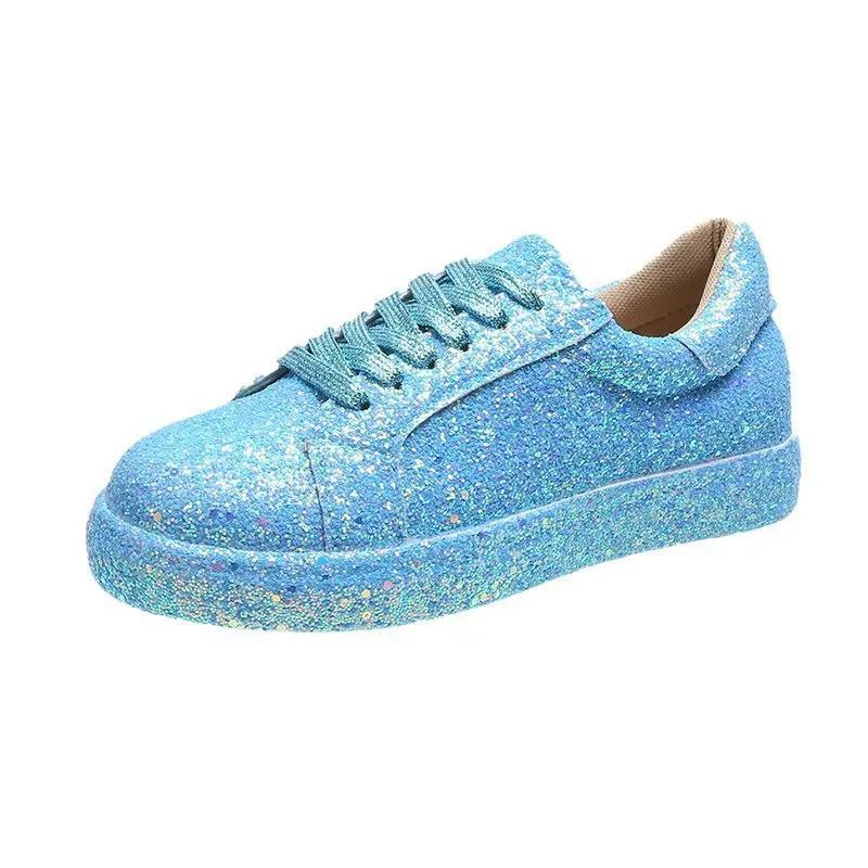 Fashion Plus Size Women's Shoes 2025 Spring Autumn New Style Solid Color Sequins Lace Up Flat Bottom Comfortable Casual Sports Shoes