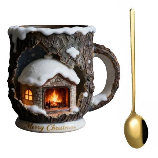 Festive Christmas Mug 3D Tree Bark Texture Themed Santa Reindeer Coffee Cup Resin Holiday Decor Novelty Gifts