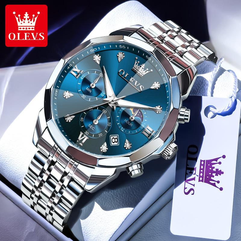 OLEVS Men Watch Fashionable Original Moon Phase Quartz Watch Waterproof Luminous Automatic Date Stainless Watch Gifts