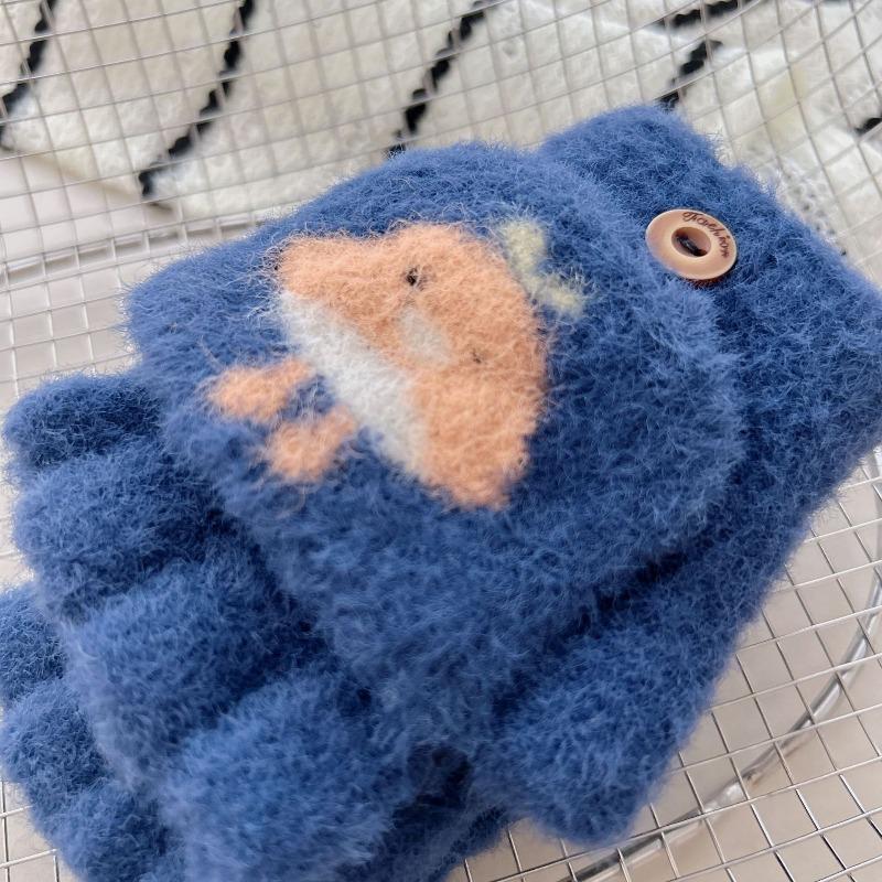 - Jahresalte Kinderhandschuhe 2 Winter Cartoon Baby Kältefest Niedlich Warm Verdickt Fünffinger Klapp-Halbfinger Finger