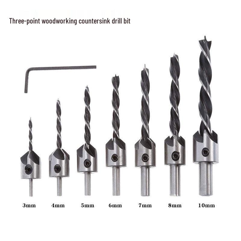Three-Point Woodworking Chamfer Countersink Drill Bit Set (3mm-10mm) High-Speed Steel