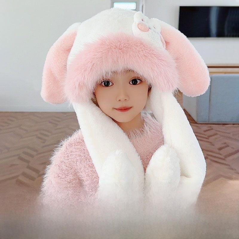 Cute Rabbit Ears Kids Winter Hat With Moving Ears And Warm Fleece For Girls Age 2 To 12