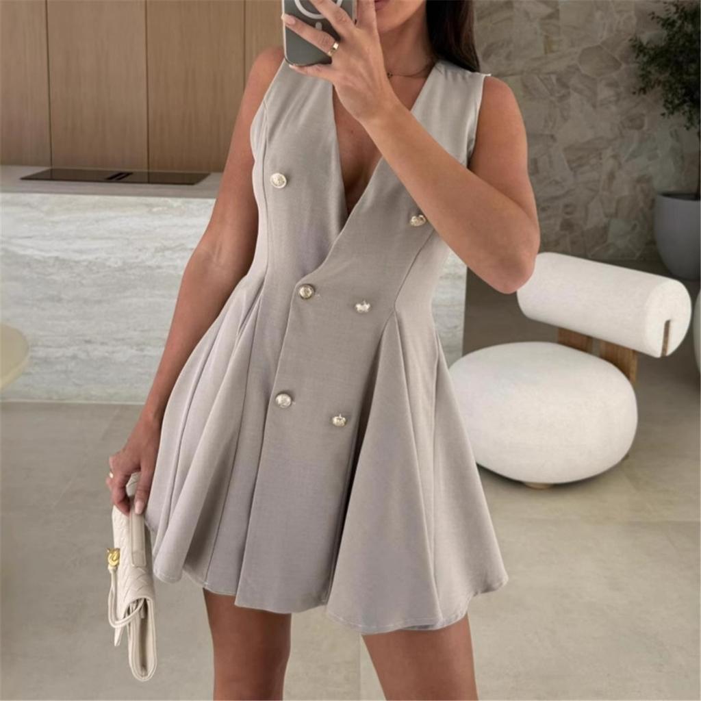 Vară Nouă Culoare Solidă Piept Dublu Gât în V Fără Mâneci Costum Rochii cu Talie pentru Femei