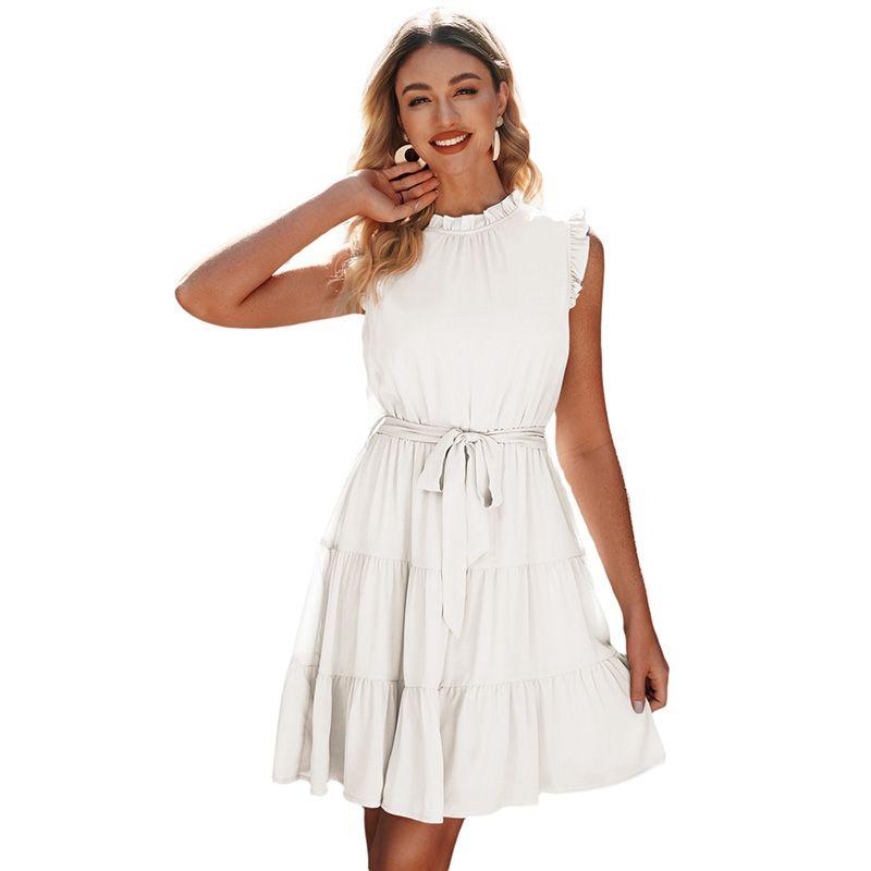 

Fashion Summer Sleeveless Sweet Dress Women 2024 Summer New Arrival Fashion Pure Color Lace up Short Dress Women LC6113712-White Size M fit (55.00 kg-62.50 kg
