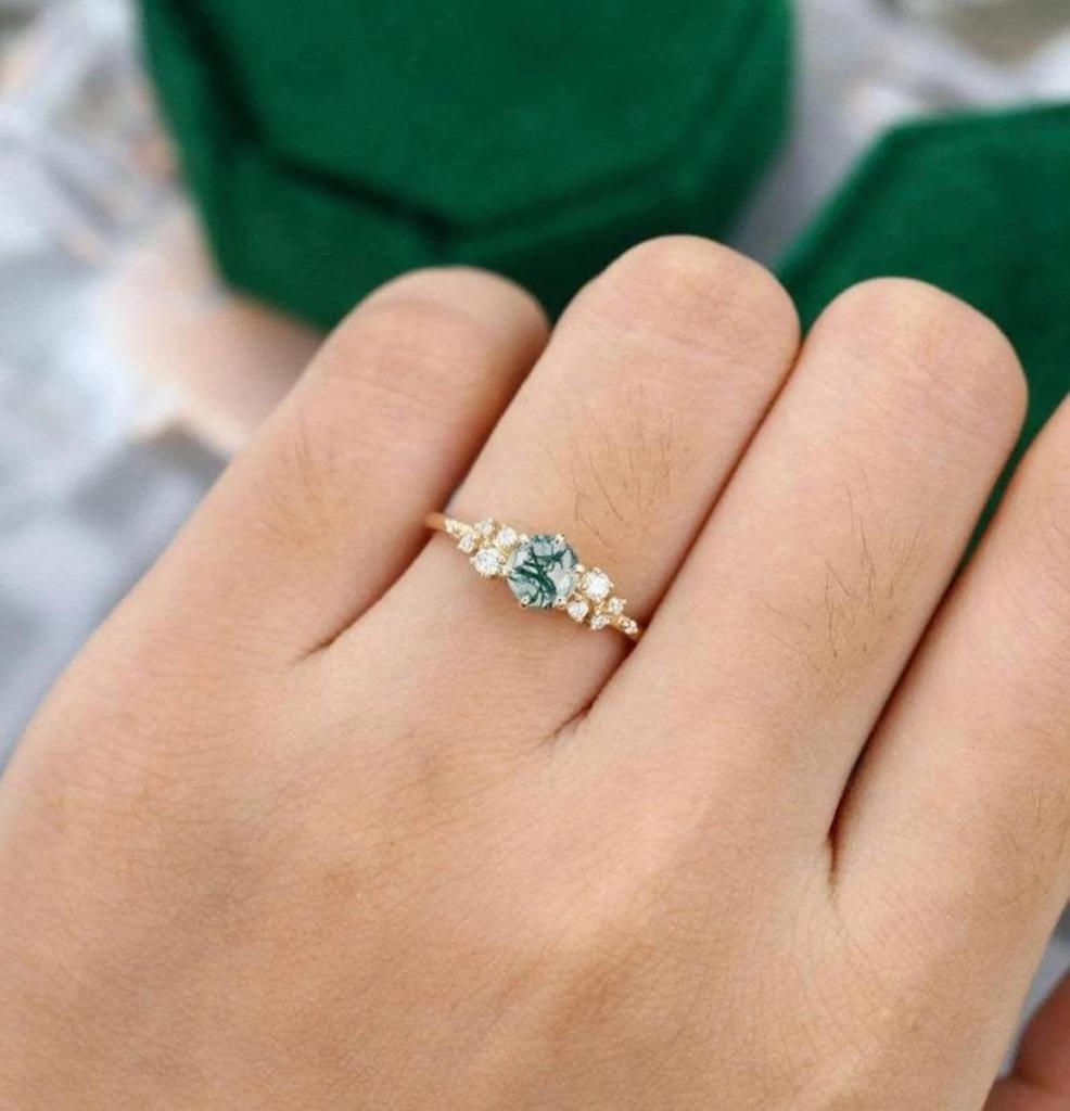 Dainty moss agate promise ring for her, Unique moss agate engagement ring, Rose Gold Plated moss agate ring, Anniversary ring gift