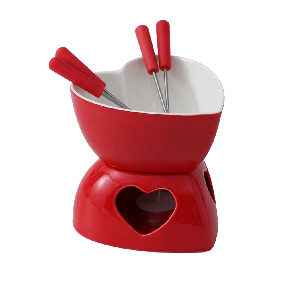 

Romantic Heart-Shaped Ceramic Fondue Pot Set Red & White Dessert/Cheese Melting Versatile Chocolate Dipping Bowl For Ice Cream