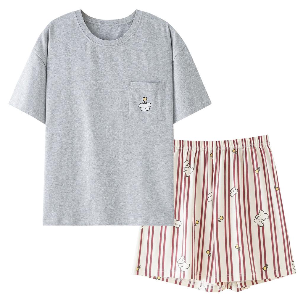 New pajamas women's summer cotton short-sleeved shorts set casual loose solid color Korean simple round neck loungewear