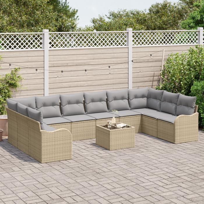 11-Piece Garden Sofa Set with Black Poly Rattan Cushions, 2-Seater Garden Sofa with Cushions 3345890